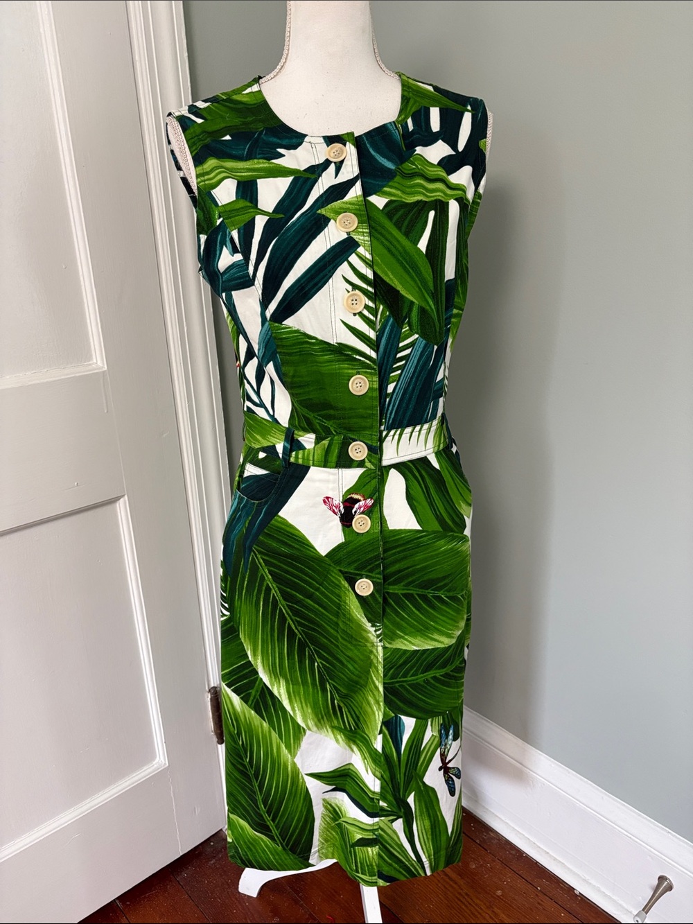 NWT Samantha Sung‎ Jane Dress Twill Sleeveless Green Leaf Print Button-Front 6